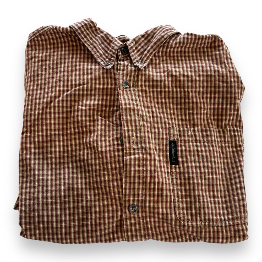 Columbia Shirt Men's XL Brown Maroon Button Down Long Sleeve Plaid Pocket